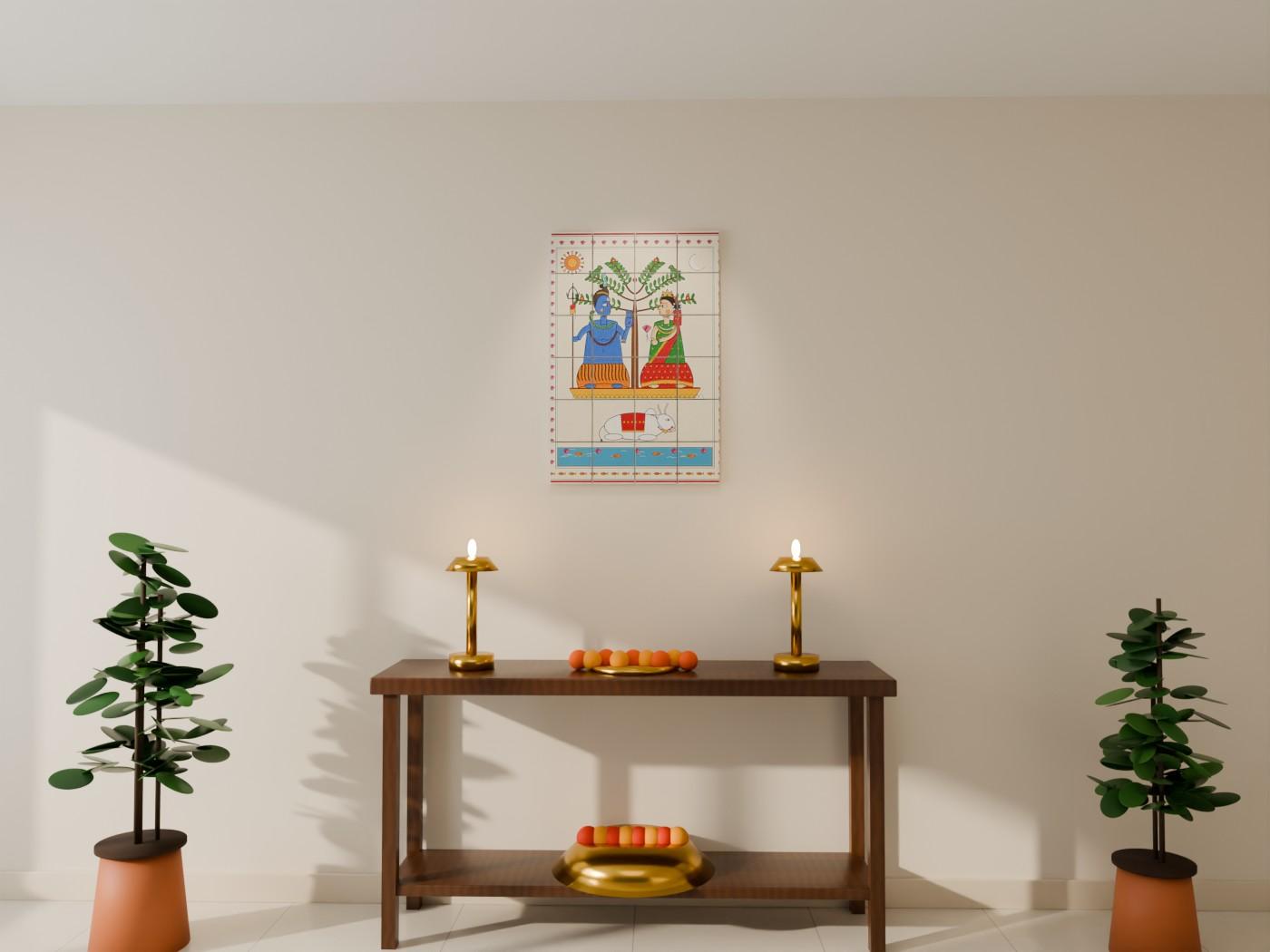 Bhagwan Shiv and Maa Parvati Madhubani Wall Art shown on a wall as 6 x 6 inch blocks