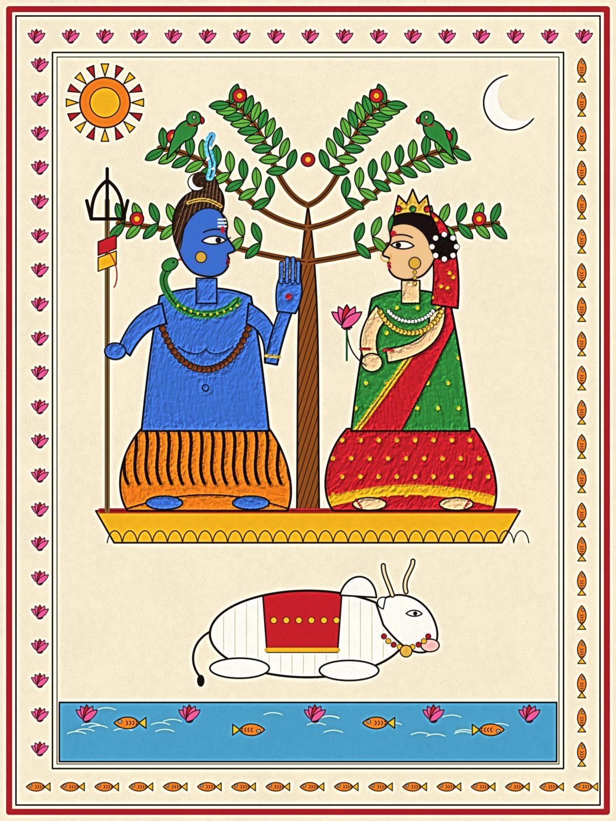 Bhagwan Shiv and Maa Parvati Madhubani Wall Art, 12-block spiritual wall art by ConvArt