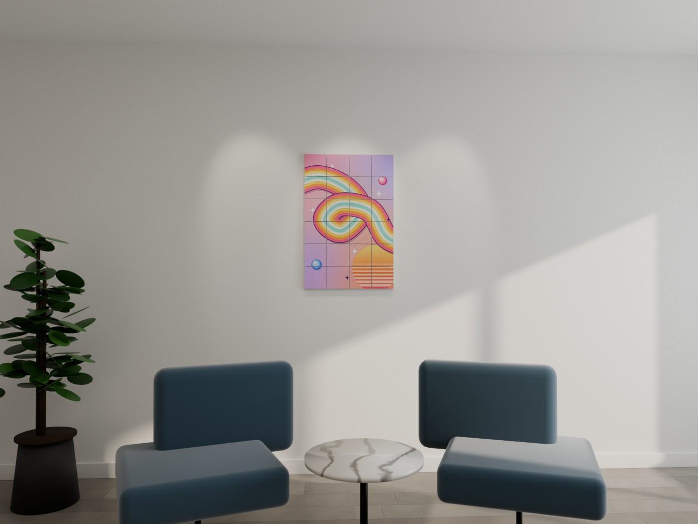 Groovy 70s Ribbon Abstract Wall Art shown on a wall as 6 x 6 inch blocks
