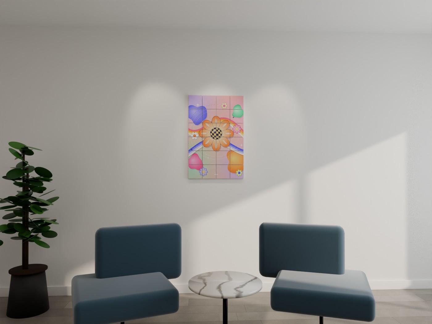 Groovy Retro Daisy Abstract Wall Art shown on a wall as 6 x 6 inch blocks