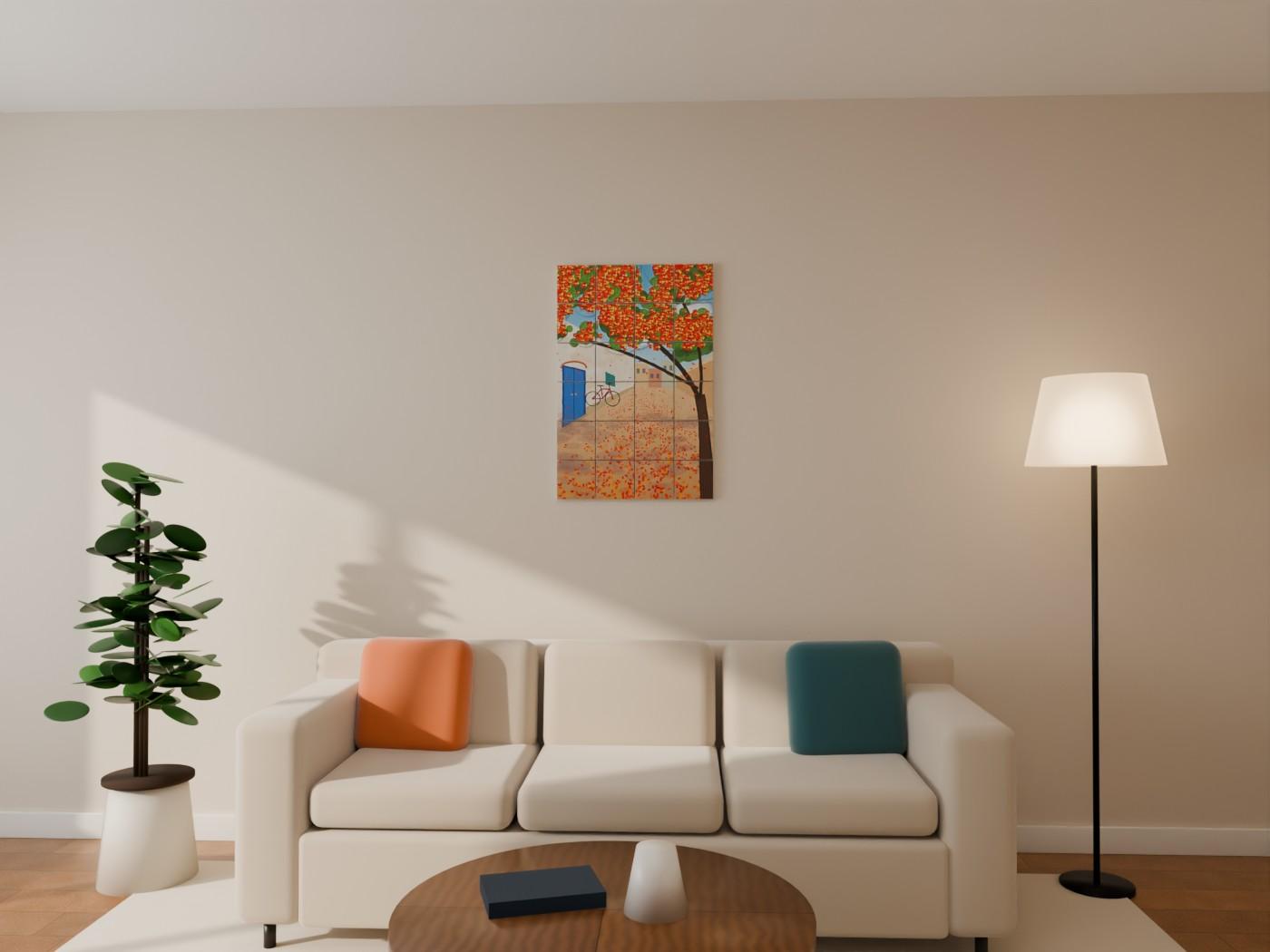 Gulmohar Summer Lane Acrylic Wall Art shown on a wall as 6 x 6 inch blocks