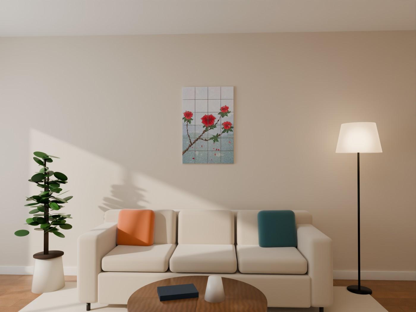 Himalayan Rhododendron Watercolour Wall Art shown on a wall as 6 x 6 inch blocks