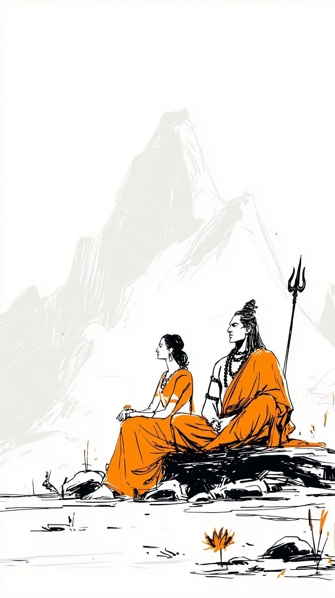 Bhagwan Shiv and Maa Parvati Kailash Sketch Wall Art, 32-block spiritual wall art by ConvArt