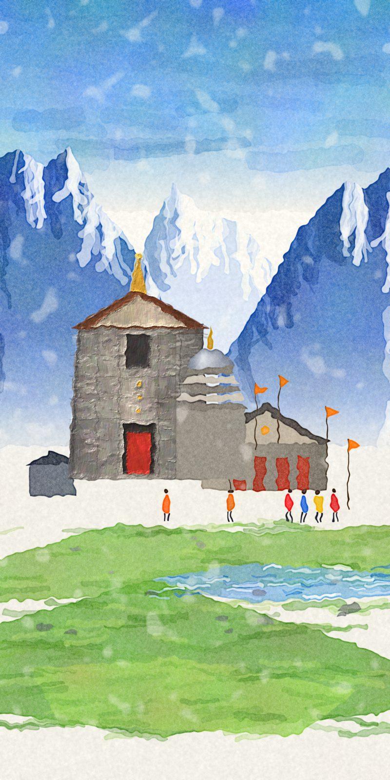 Kedarnath Dham Temple Watercolour Wall Art, 32-block spiritual wall art by ConvArt
