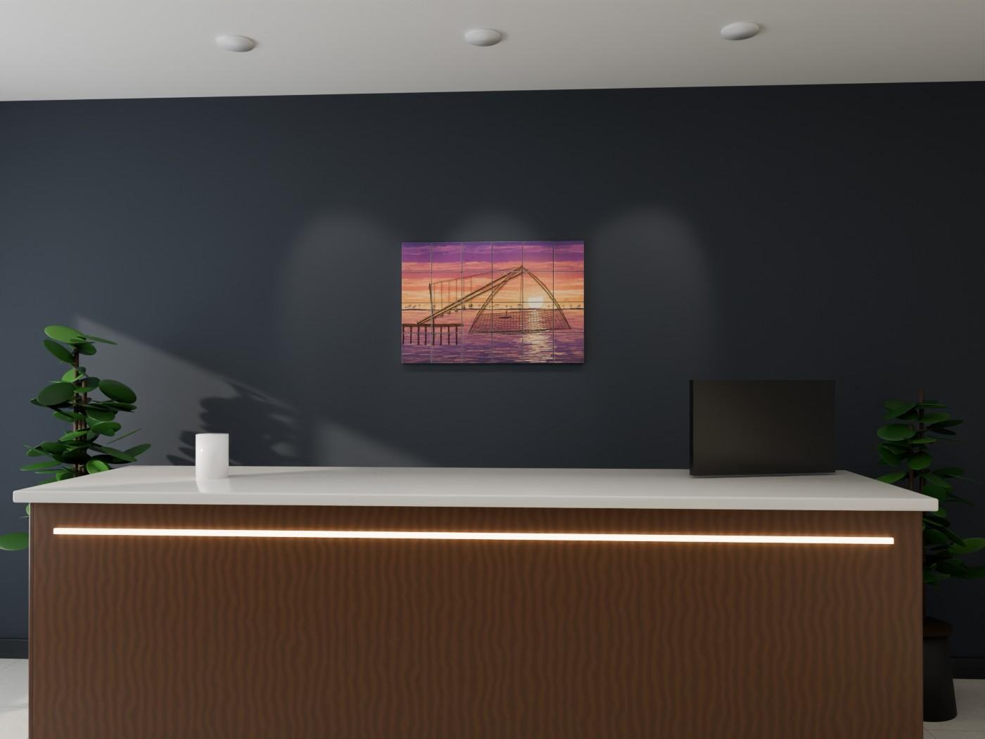 Kochi Chinese Fishing Nets Sunset Oil Wall Art shown on a wall as 6 x 6 inch blocks