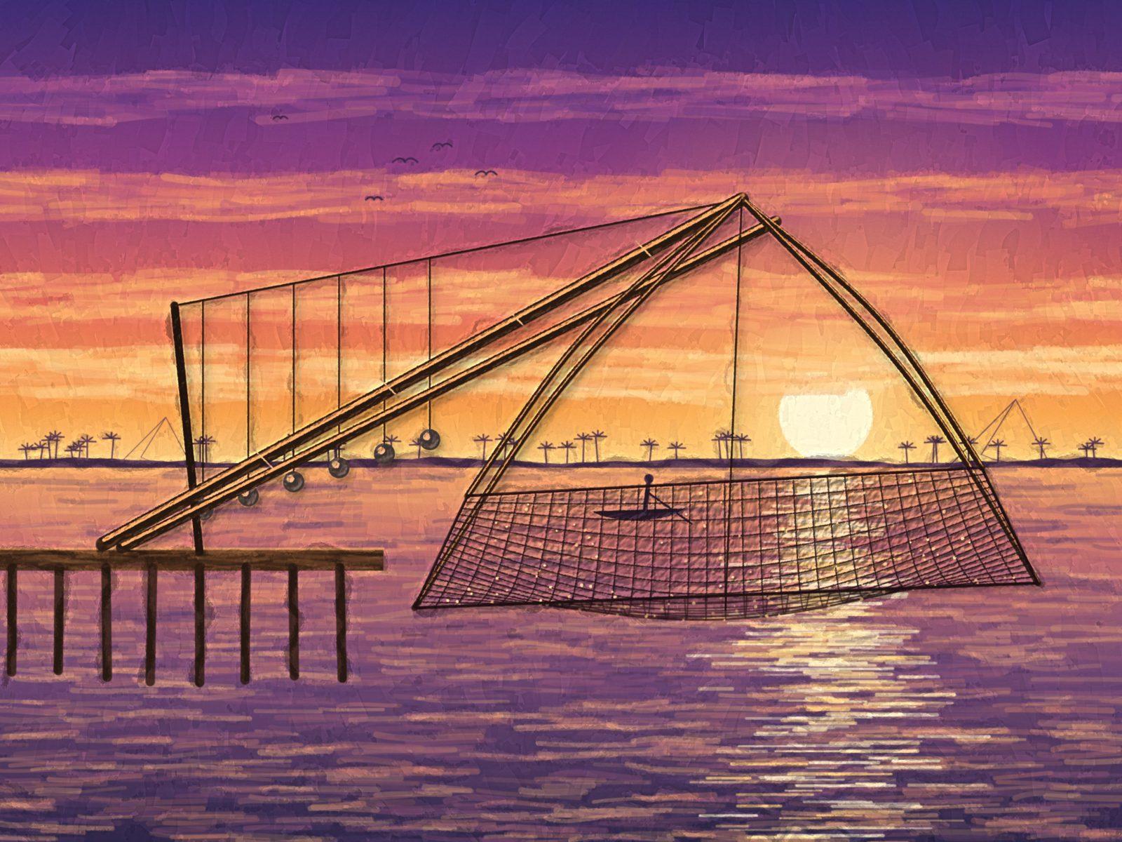 Kochi Chinese Fishing Nets Sunset Oil Wall Art, 12-block office wall art by ConvArt