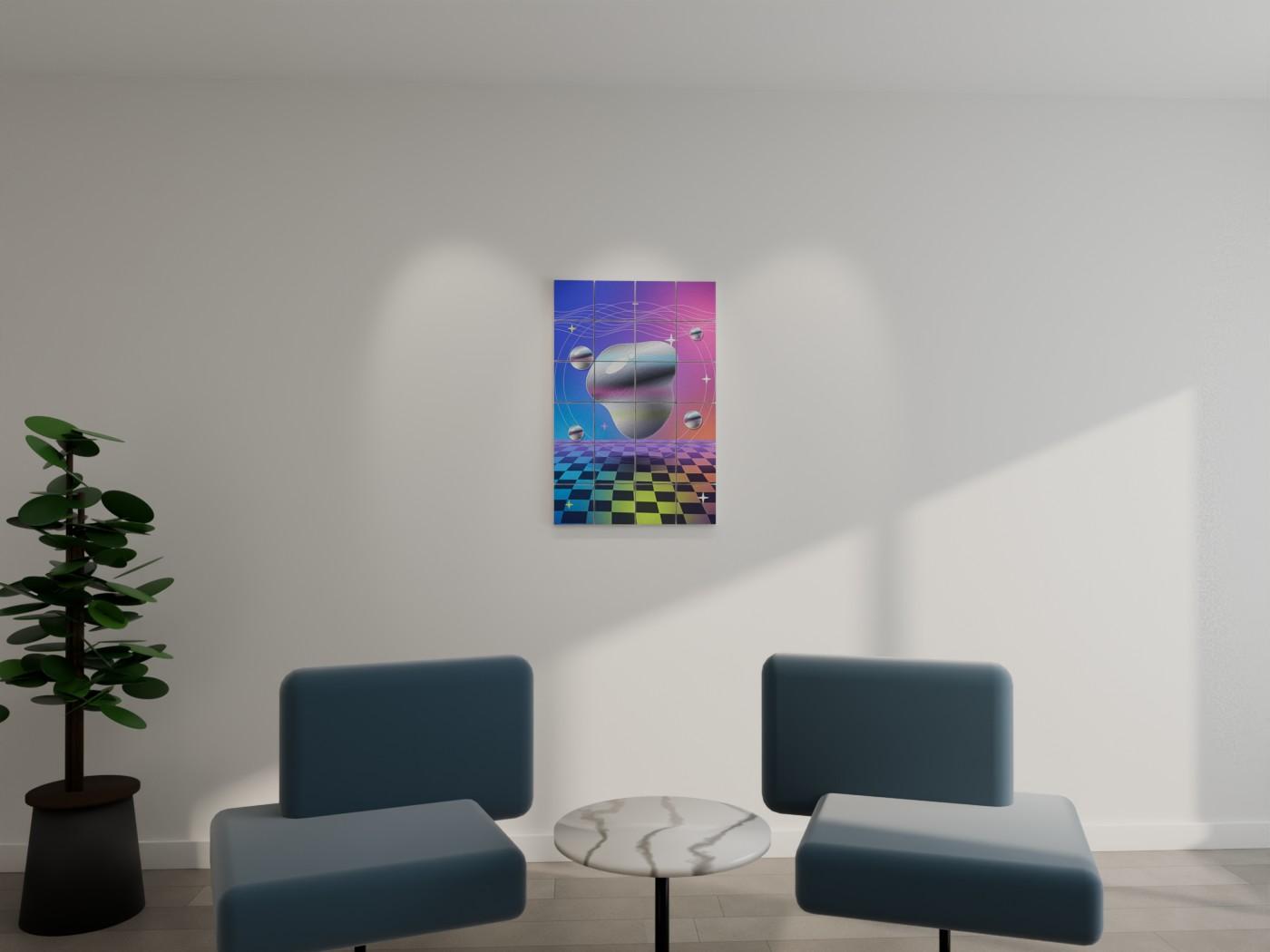Liquid Chrome Y2K Abstract Wall Art shown on a wall as 6 x 6 inch blocks