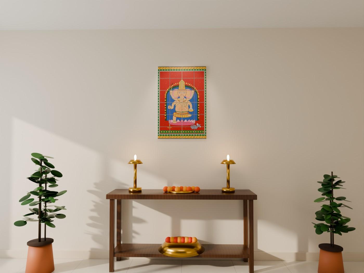 Lord Ganesha Ji Pattachitra Wall Art shown on a wall as 6 x 6 inch blocks