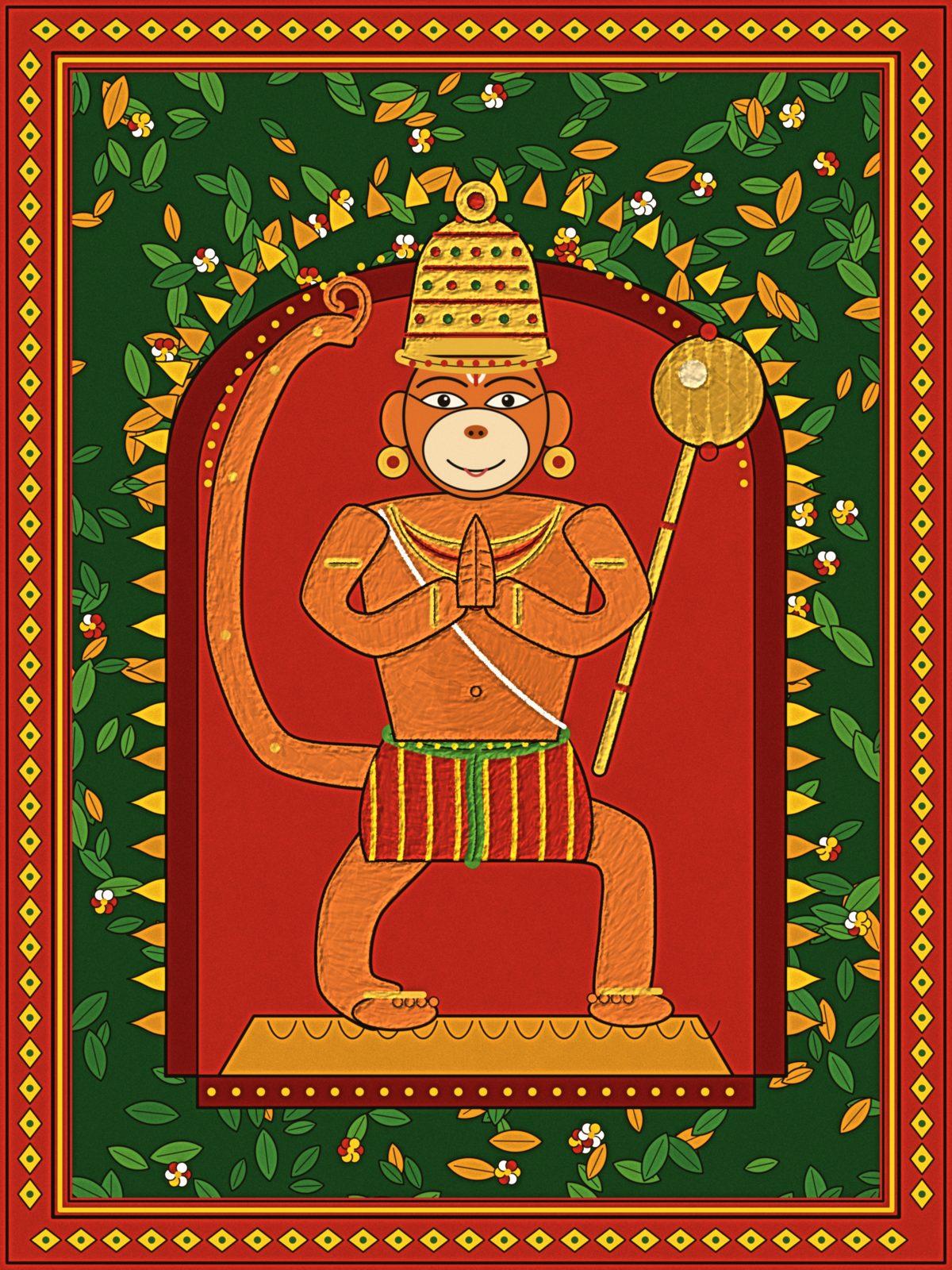Lord Hanuman Ji Kerala Mural Wall Art, 12-block spiritual wall art by ConvArt