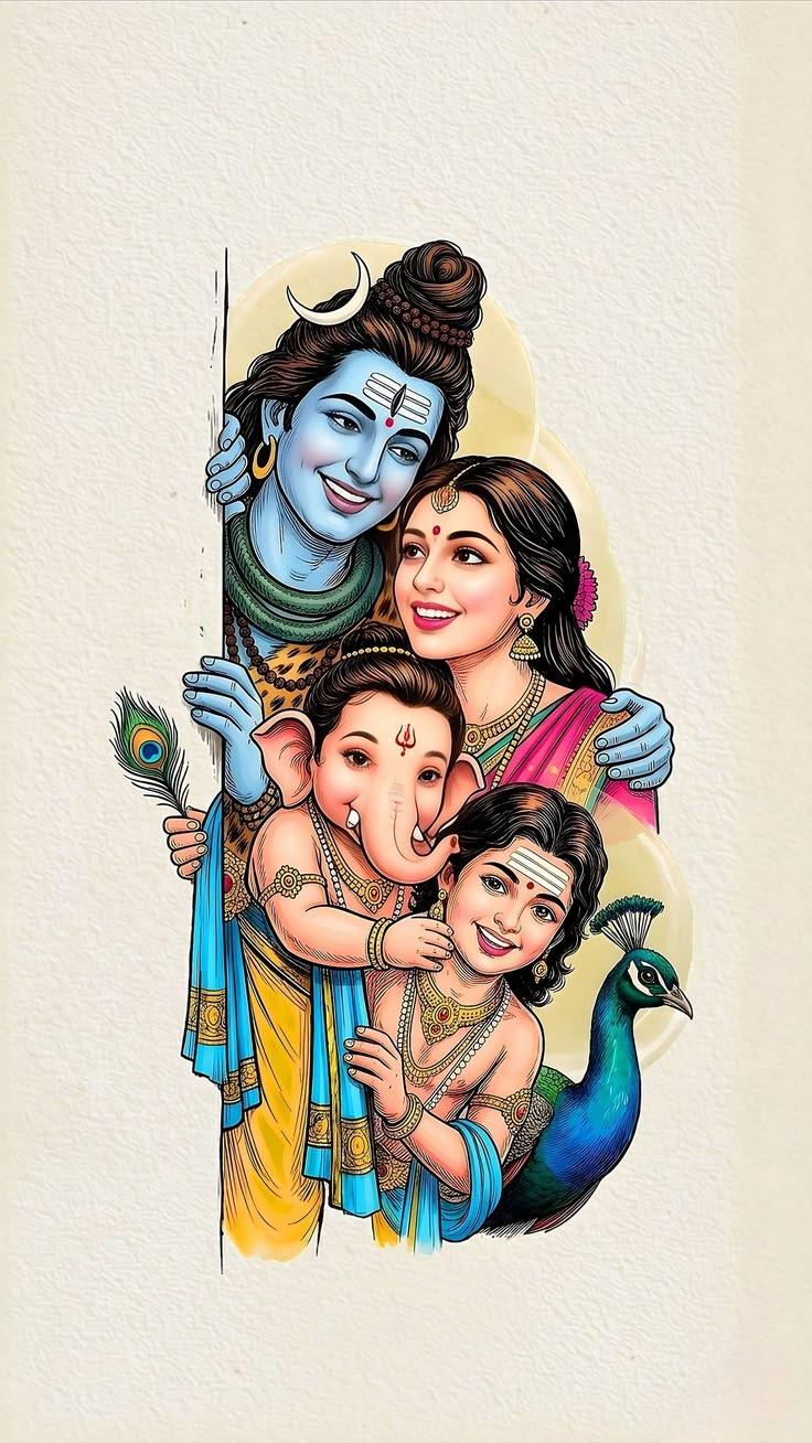 Bhagwan Shiv Parivar Divine Family Wall Art, 32-block spiritual wall art by ConvArt