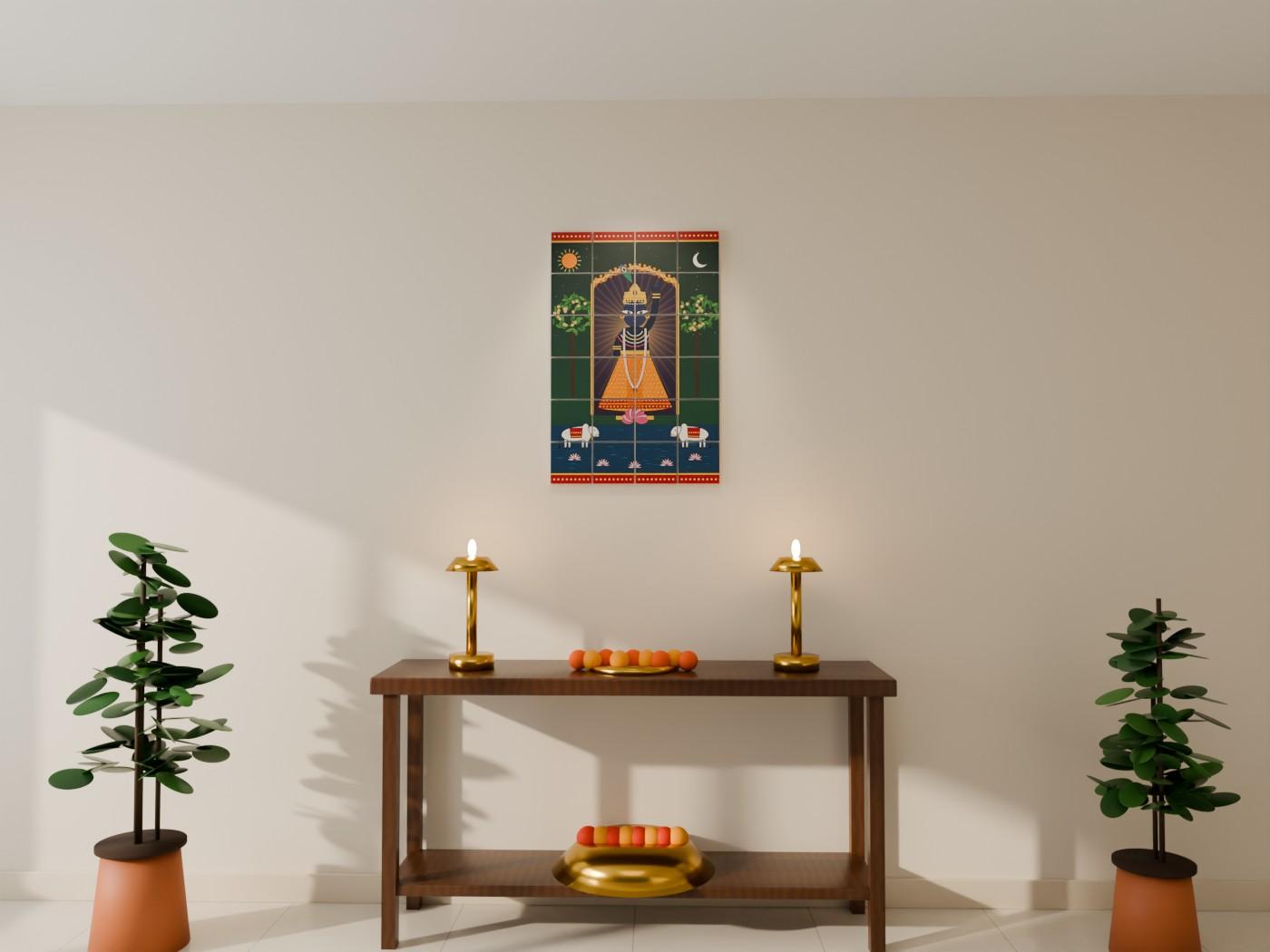 Shrinathji Pichwai Wall Art shown on a wall as 6 x 6 inch blocks