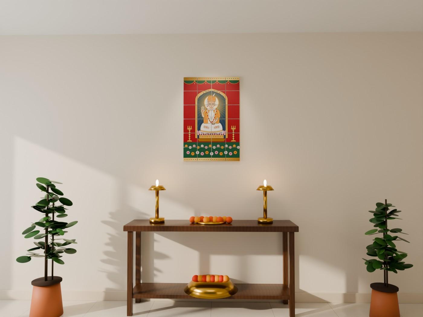 Swaminarayan Bhagwan Tanjore Wall Art shown on a wall as 6 x 6 inch blocks