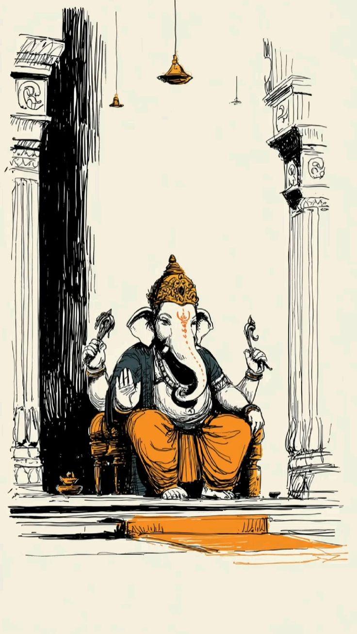 Temple Shri Ganesh Ji Sketch Wall Art, 32-block spiritual wall art by ConvArt