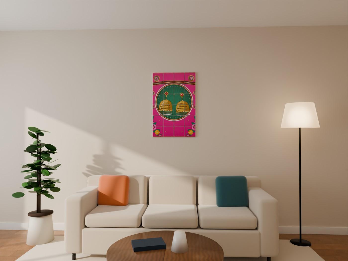 Temple Jhumka Pop Art Wall Art shown on a wall as 6 x 6 inch blocks