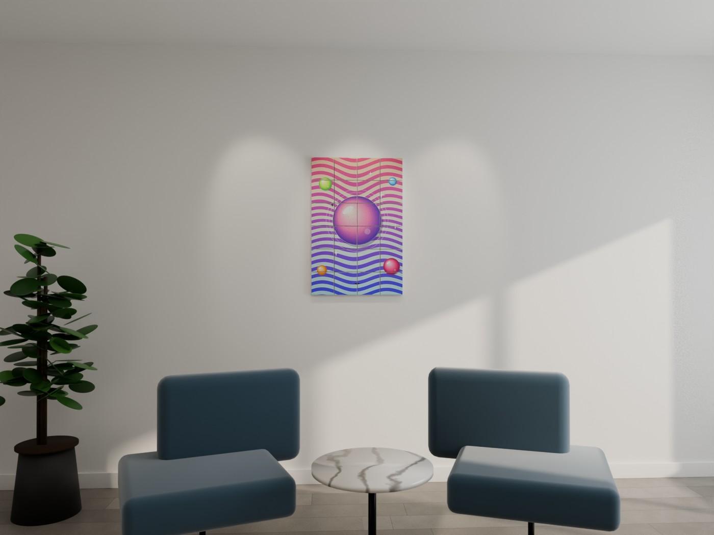 Wavy Op-Art Orb Abstract Wall Art shown on a wall as 6 x 6 inch blocks
